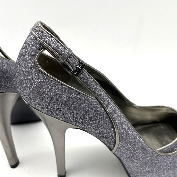 GUESS Silver/Lavender Tint Glitter Buckle Strap Gunmetal Pump Peep Toe Heel 6.5M - Picture 15 of 16